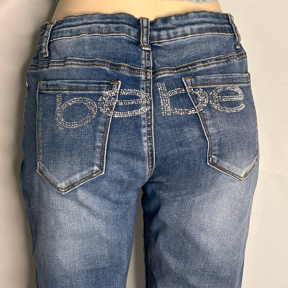 Bebe Rhinestone Logo Skinny Jeans Women’s 32x30 glam Blue Stretch Denim Y2K